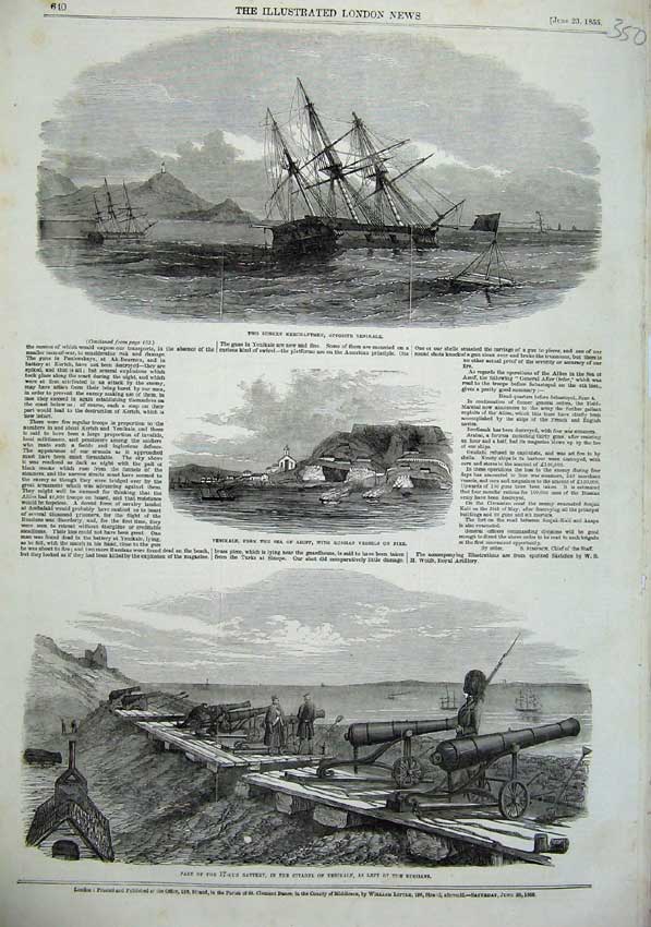Old Antique Print 1855 Ship Marchantmen Battery Citadel Yenikalf War Sea 19th