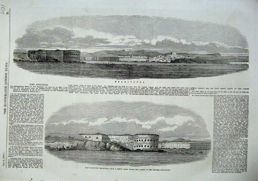 Original Old Antique Print 1855 View Town Sebastopol Fort Alexander Buildings