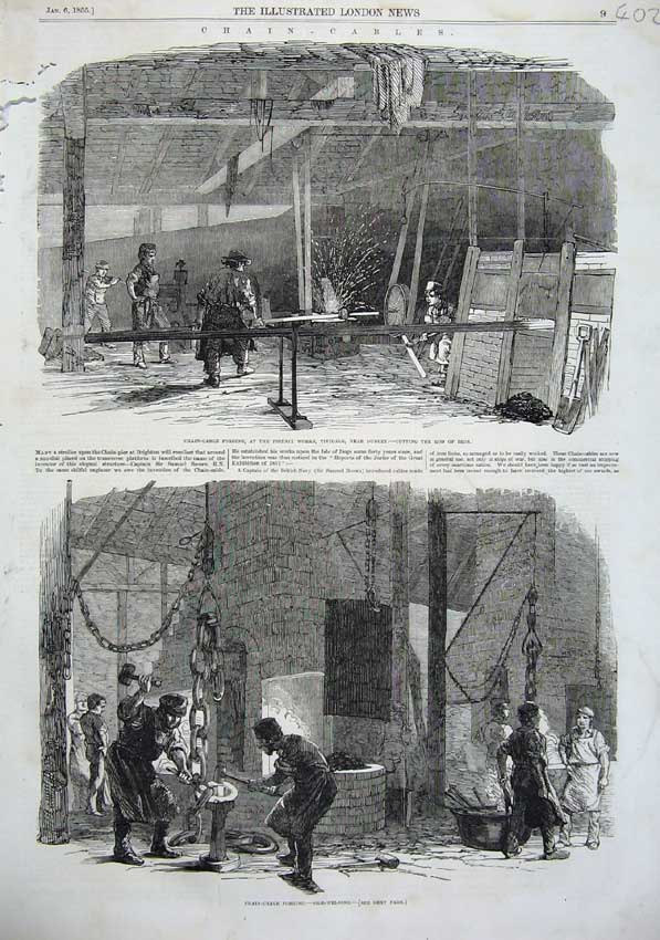 Original Old Antique Print 1855 Chain Cables Phoenix Works Tividale Men Forging