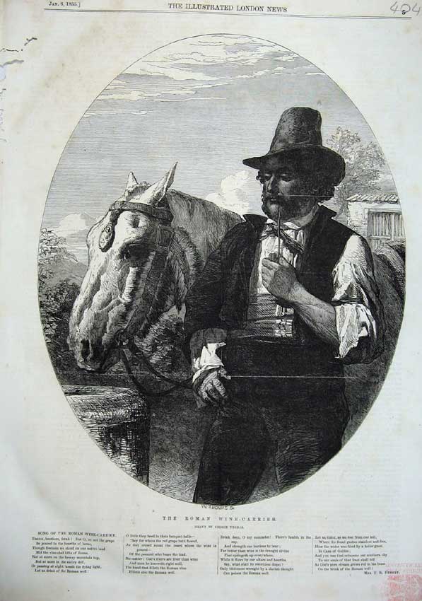 Old Antique Print Fine Art 1855 Roman Wine-Carrier Man Pipe Horse Thomas 19th