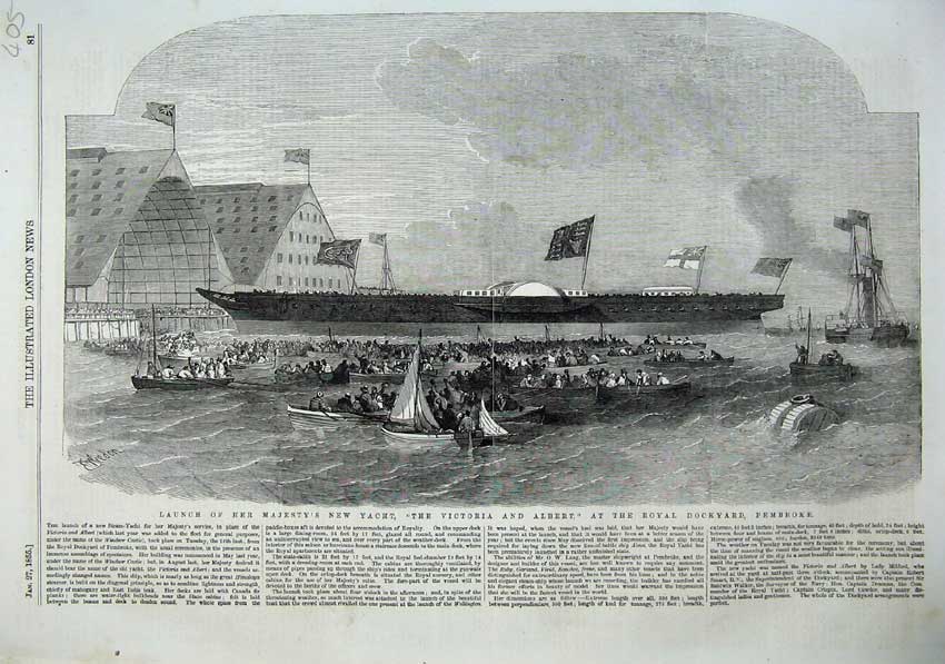 Old Antique Print 1855 Launch Majesty Queen Ship Victoria Albert Pembroke 19th