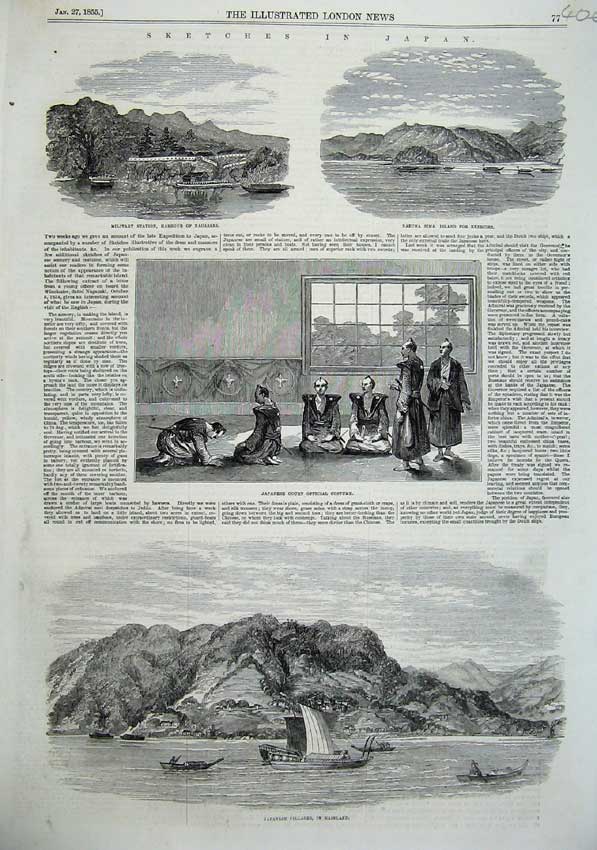 Old Antique Print 1855 Japan Villages Mainland Boat Costume Nagasaki Sima 19th