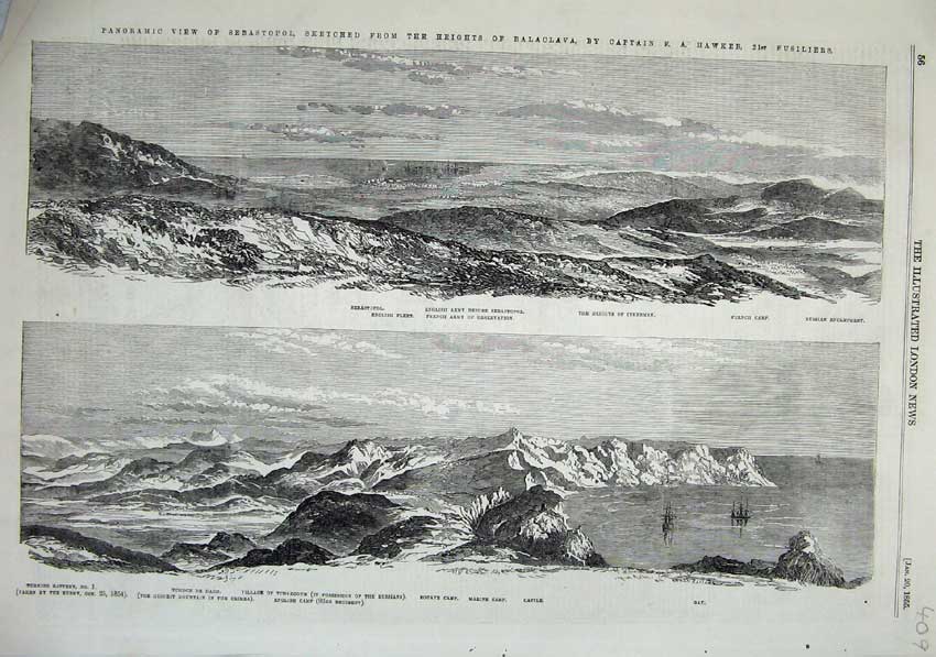 Original Old Antique Print 1855 Sebastopol Castle Inkerman Mountains Ships Camp