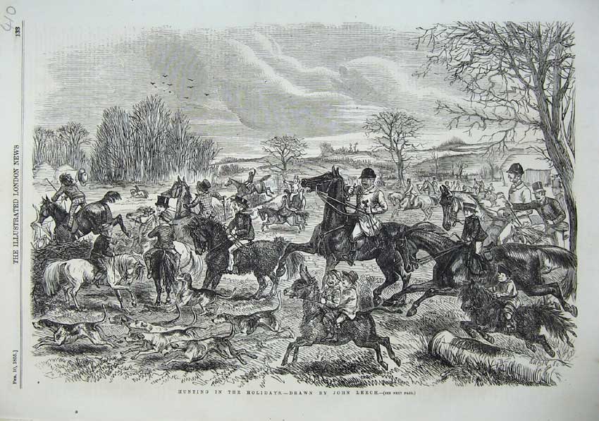 Original Old Antique Print 1855 Fine Art Fox Hunting Country Horses Hounds Dogs