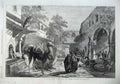 Old Antique Print 1855 Inn Smyrna People Camels Trees James Robertson Art 19th