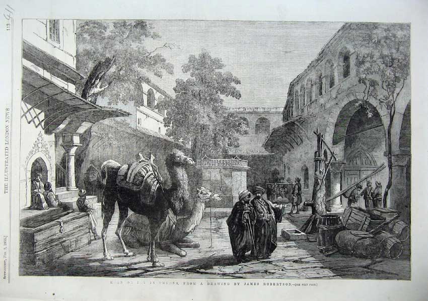 Old Antique Print 1855 Inn Smyrna People Camels Trees James Robertson Art 19th