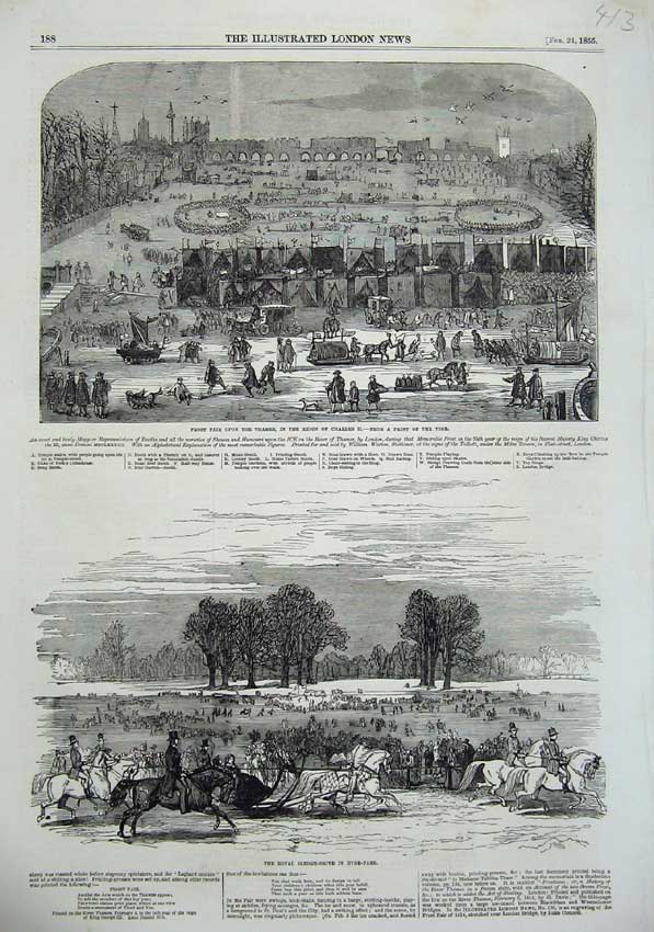 Original Old Antique Print 1855 Royal Sledge-Drive Hyde-Park London Ice Thames