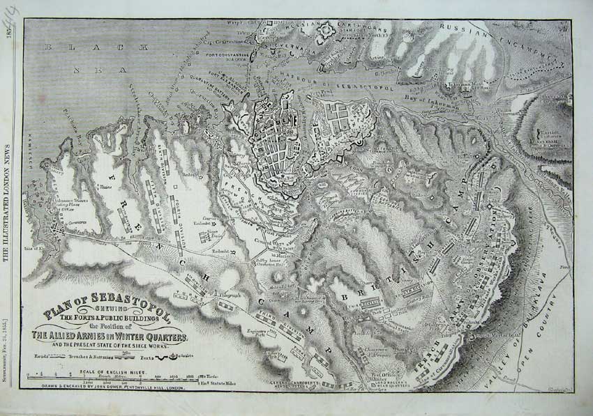 Original Old Antique Print 1855 Map Plan Sebastopol Forts Public Buildings War
