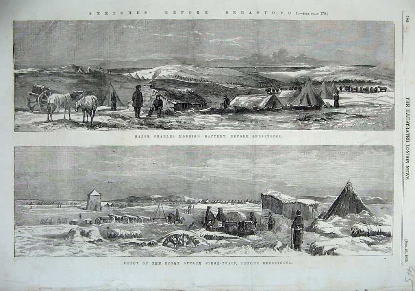 Old Antique Print 1855 Sebastopol Major Charles Morris Battery Snow Train 19th