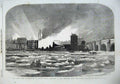 Old Antique Print 1855 Fire Bankside River Thames Bridge London Ice Snow 19th