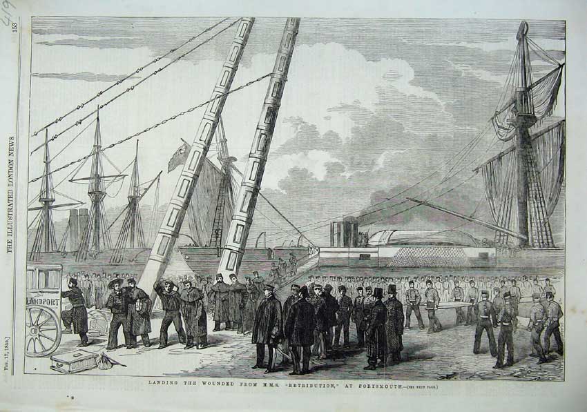 Original Old Antique Print 1855 Ship Landing Wounded Retribution Portsmouth War