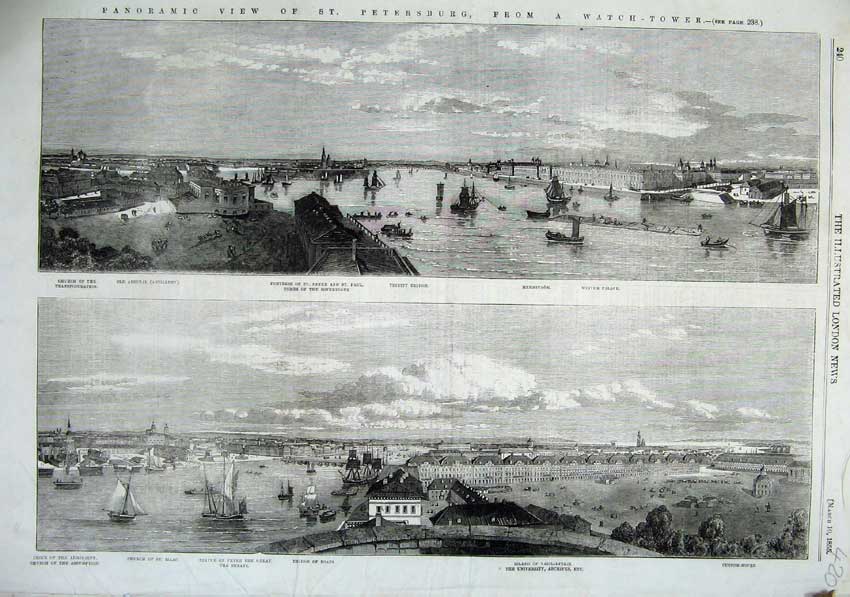 Old Antique Print 1855 St Petersburg Trinity Bridge Winter Palace Statue 19th