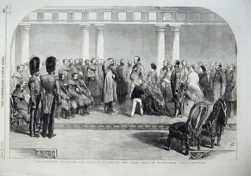 Old Antique Print 1855 Majesty Queen Wounded Guards Buckingham Palace War 19th