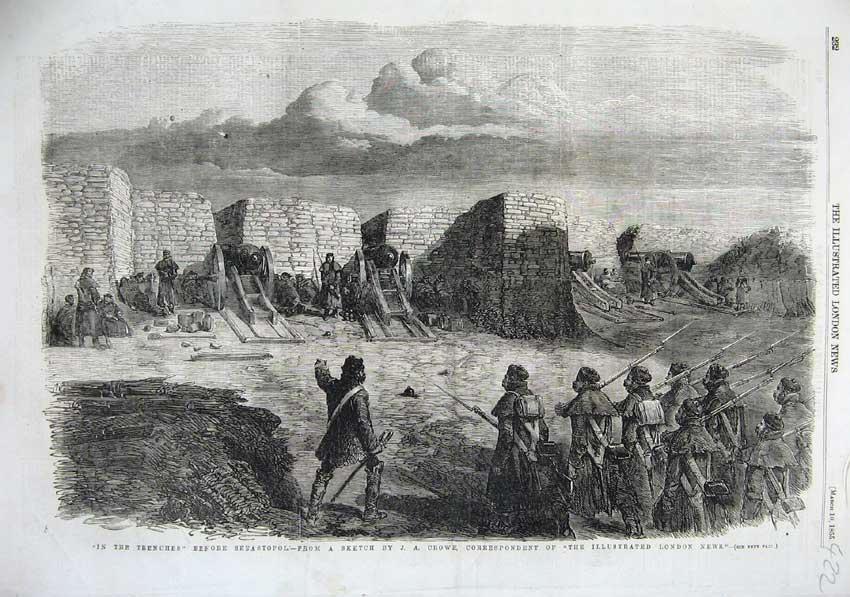 Old Antique Print 1855 Fine Art War Sebastopol Trenches Army Cannon Guns 19th