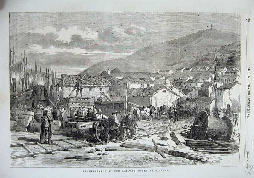 Original Old Antique Print 1855 Railway Works Balaclava Waggon Tracks Mountains