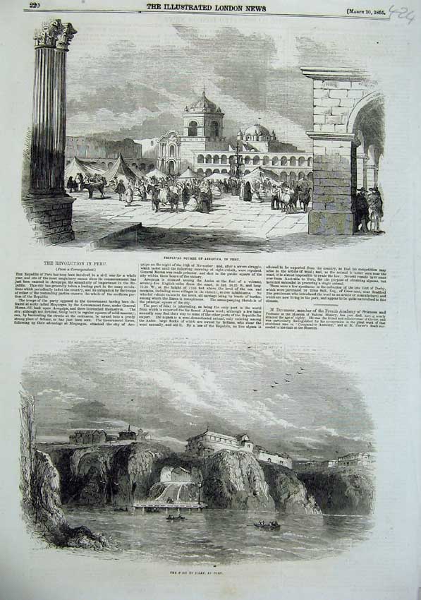 Old Antique Print 1855 Peru Principal Square Arequipa Port Islay Horses 19th