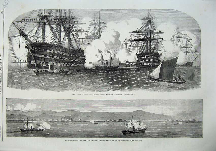 Old Antique Print 1855 Queen Ship Fairy Spithead Frigates Leopard Fulton 19th