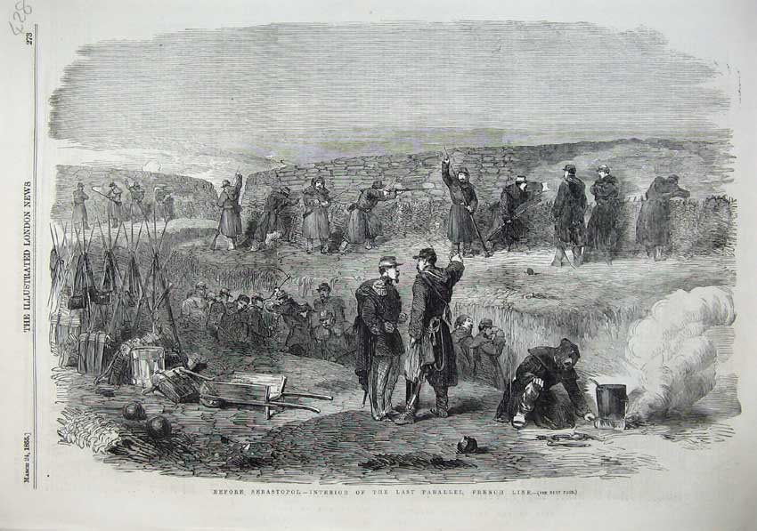 Old Antique Print 1855 Sebastopol War Interior Parallel French Army Guns 19th