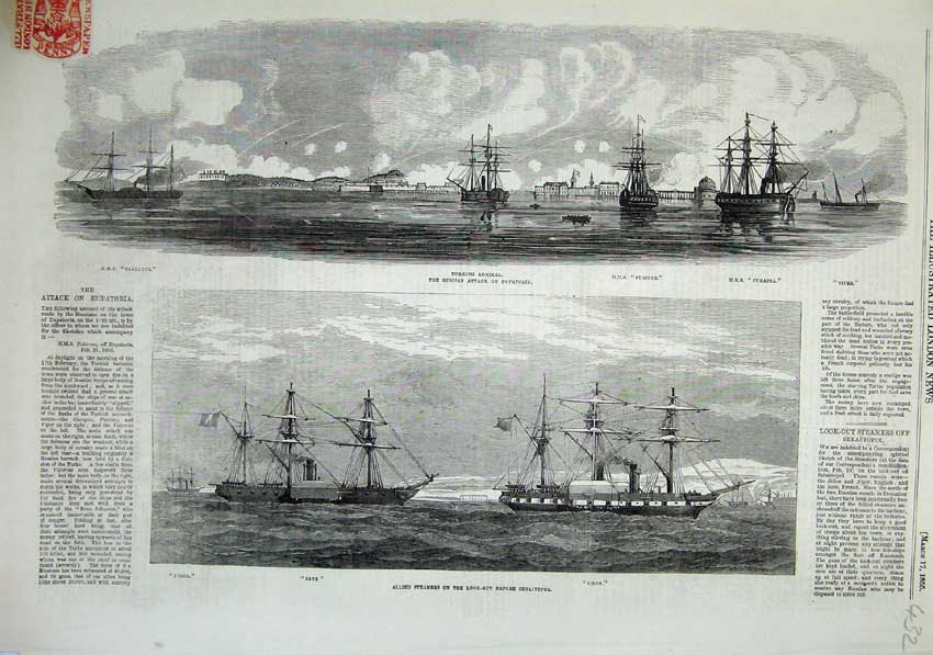 Old Antique Print 1855 Turkish Admiral Ship Sebastopol Sidon Furious Sane 19th