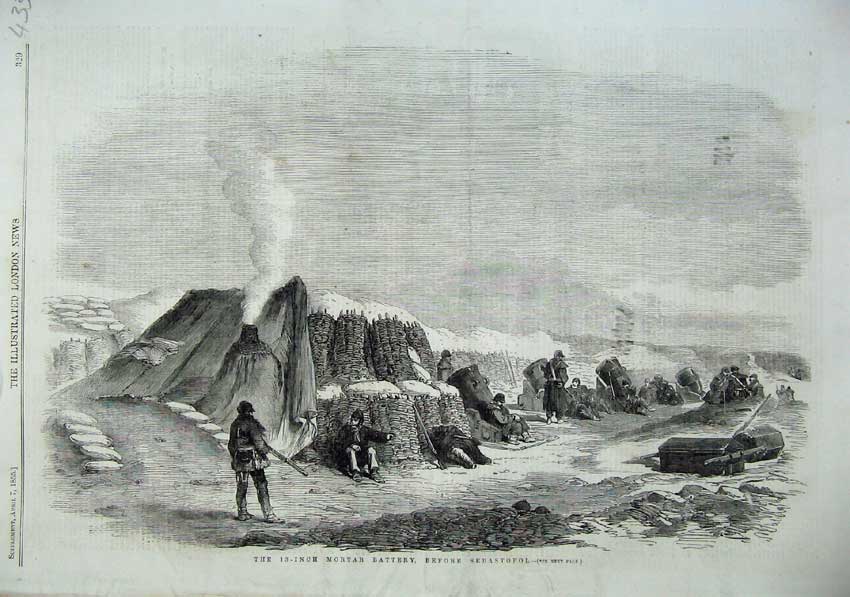 Original Old Antique Print 1855 War Mortar Battery Sebastopol Army Weapons 19th