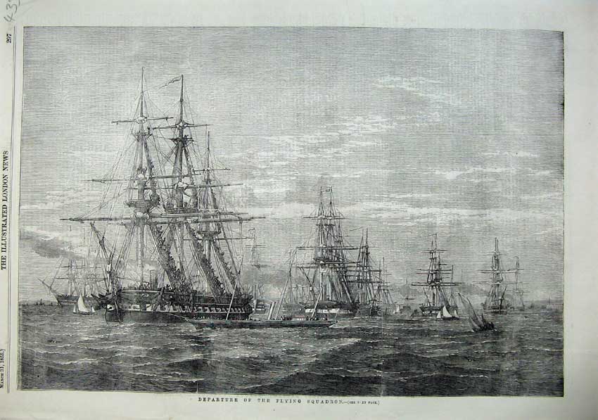 Original Old Antique Print 1855 Departure Flying Squadron Sailing Ships War