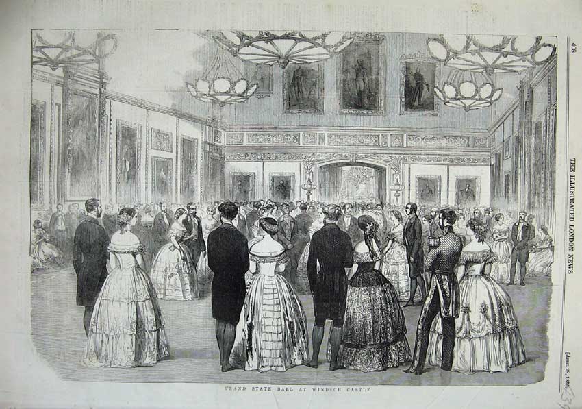 Old Antique Print 1855 Grand State Ball Windsor Castle Men Women Dancing 19th