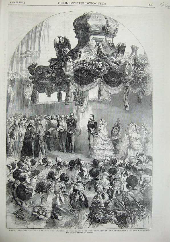 Original Old Antique Print 1855 Guildhall Reception Emperor French Lord Mayor