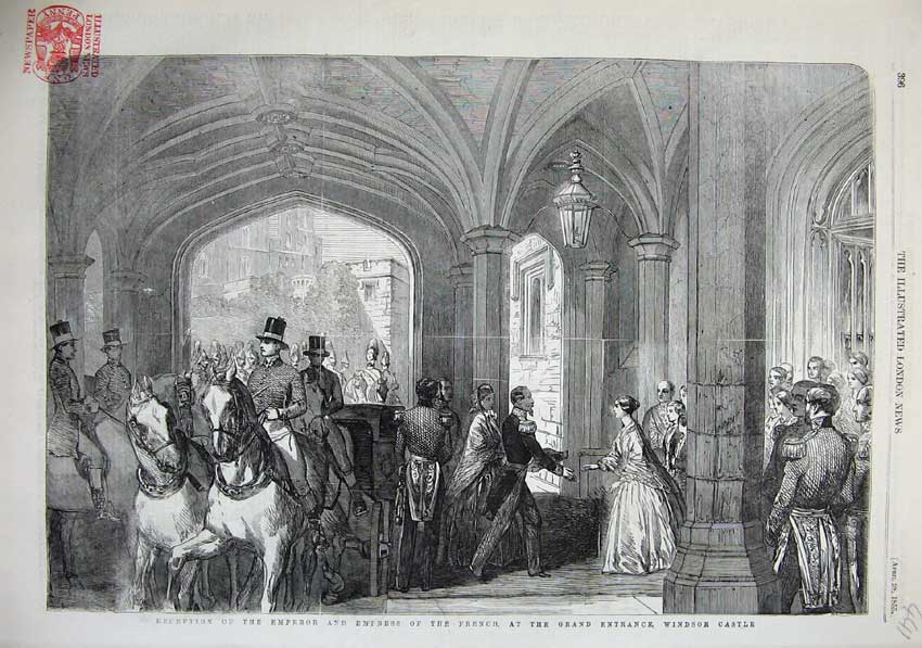 Old Antique Print 1855 Reception Emperor French Windsor Castle Entrance 19th