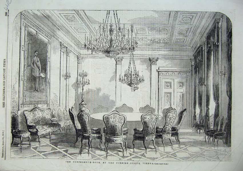 Original Old Antique Print 1855 Interior Conference-Room Foreign Office Vienna