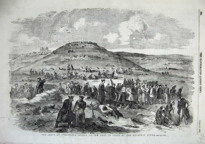 Original Old Antique Print 1855 Siege Sebastopol Burial Dead Malakoff Tower War