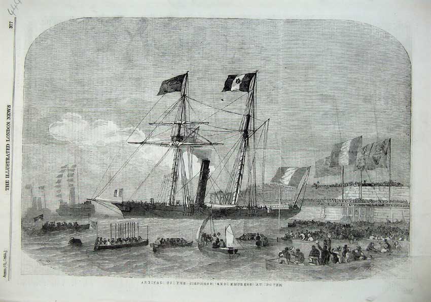 Original Old Antique Print 1855 Emperor Empress Dover England Sailing Ships War