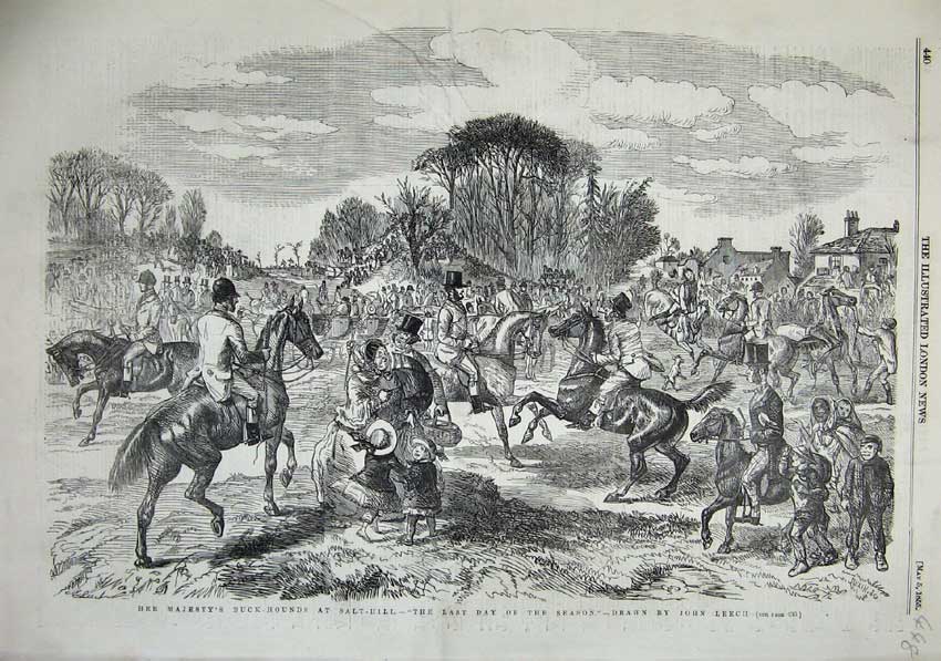 Old Antique Print 1855 Queen Buck Hounds Salt Hill Hunting Season Horses 19th
