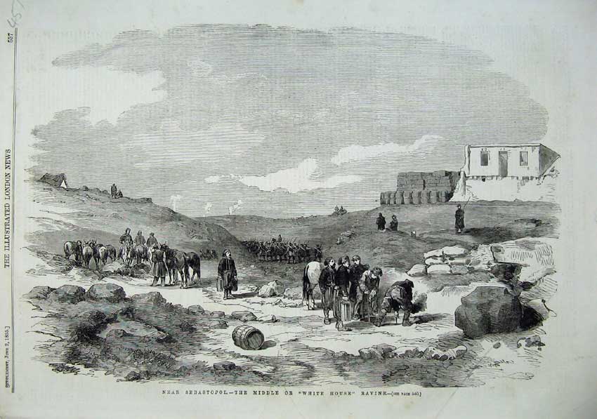 Original Old Antique Print Sebastopol War 1855 Middle White House Ravine Army