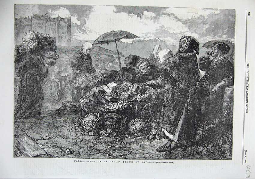 Original Old Antique Print 1855 Paris France Dames De La Halle Women Fine Art