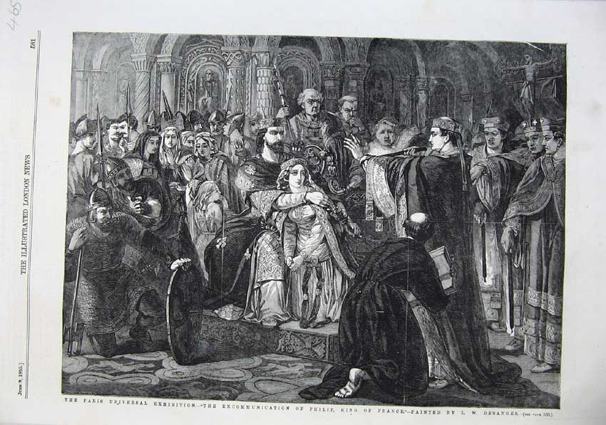 Old Antique Print Fine Art 1855 Paris Excommunication Philip King France 19th