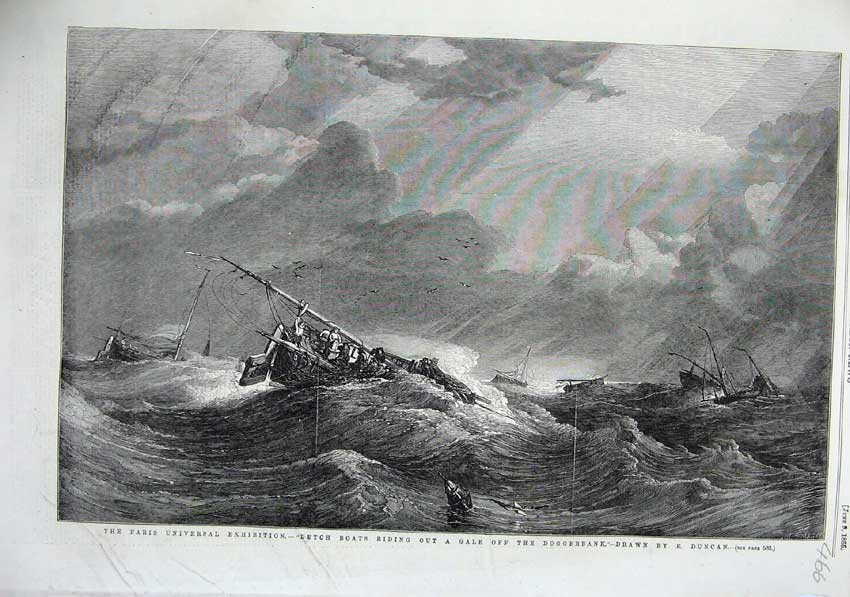 Old Antique Print 1855 Paris Dutch Boats Gales Doggerbank Ship Storm Sea 19th