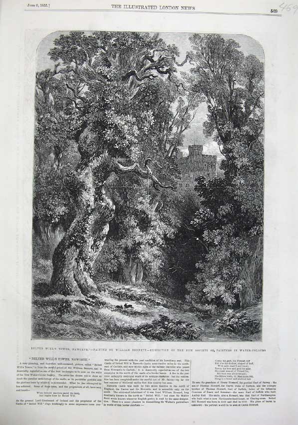 Old Antique Print Fine Art 1855 Belted Will'S Tower Naworth Trees Bennett 19th