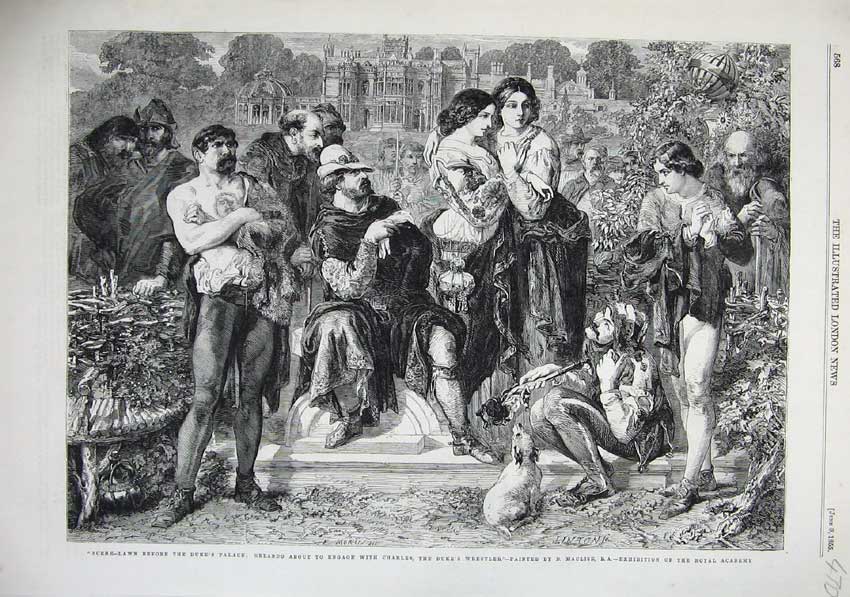 Old Antique Print 1855 Duke'S Palace Orlando Charles Wrestler Castle Men 19th