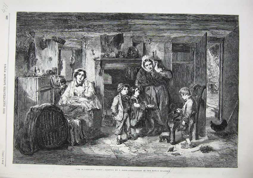 Original Old Antique Print 1855 Mitherless Bairn Faed Fine Art Mother Children