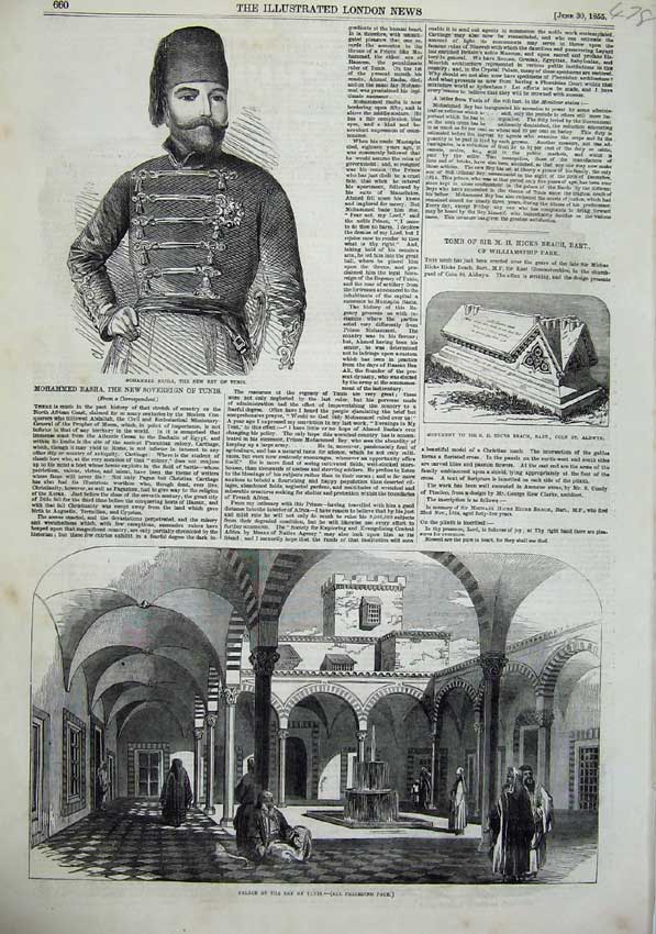 Old Antique Print 1855 Palace Bey Tunis Mohammed Pasha Monument Sir Beach 19th