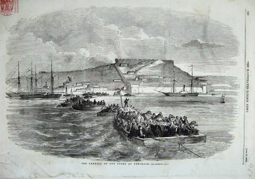 Old Antique Print 1855 Fine Art Landing Turks Ships Boats Yenikale Houses 19th