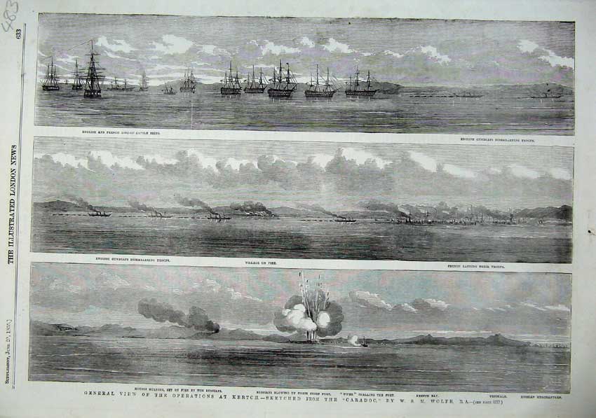 Old Antique Print 1855 View Operations Kertch Caradoc Ship War Russians 19th