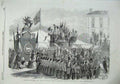 Original Old Antique Print 1855 Metropolitan Cattle Market Procession Tent Army