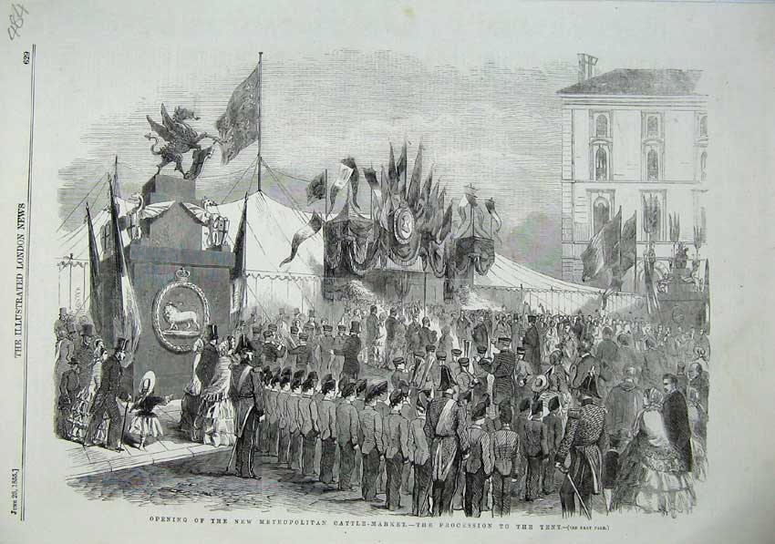 Original Old Antique Print 1855 Metropolitan Cattle Market Procession Tent Army