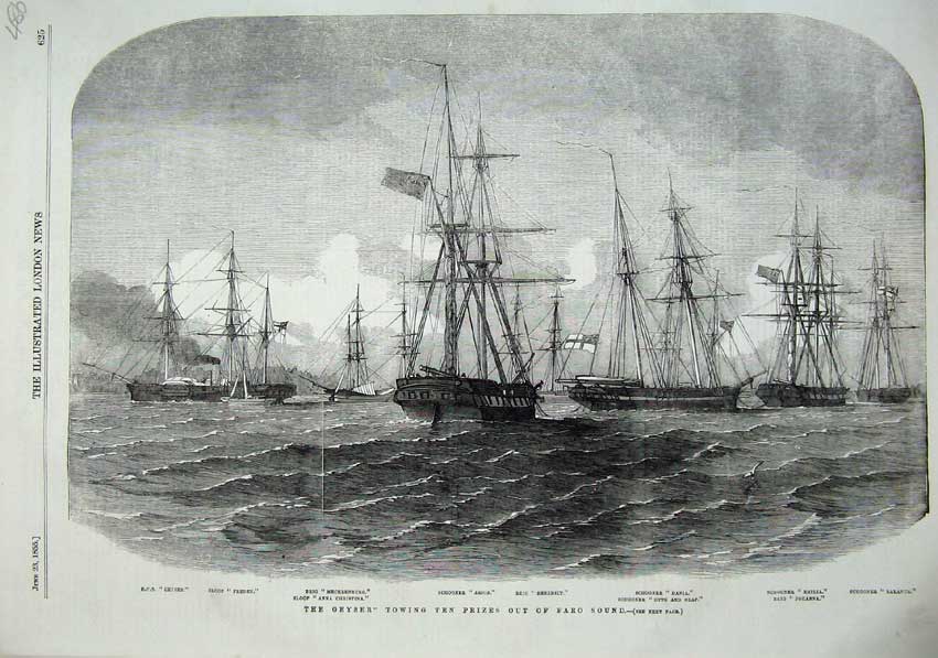 Old Antique Print 1855 Geyser Faro Ships Freden Arion Schooner Brig Dania 19th