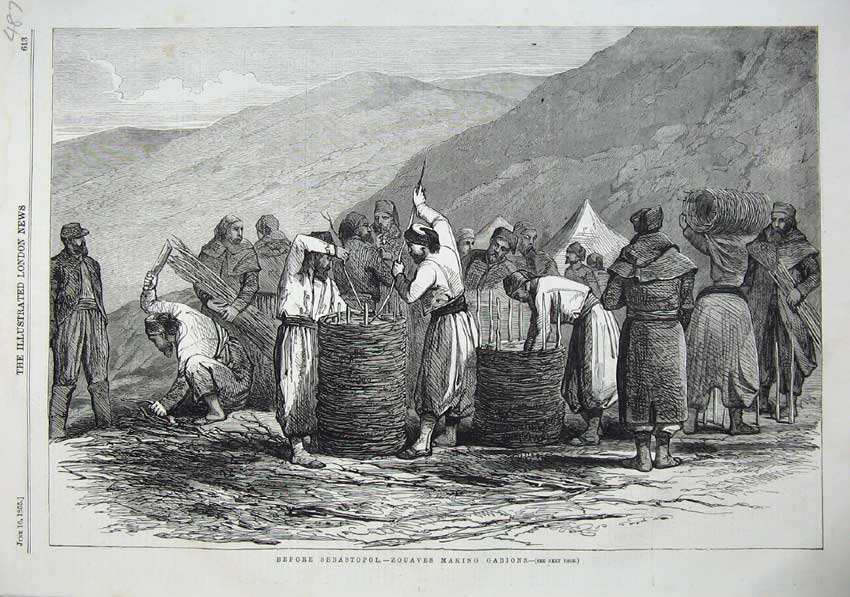 Original Old Antique Print 1855 Sebastopol Zouaves Making Gabions Men Mountains