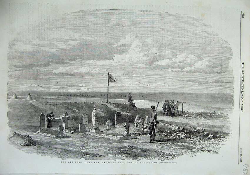 Original Old Antique Print 1855 Officers Cemetery Cathcart Hill Sebastopol War