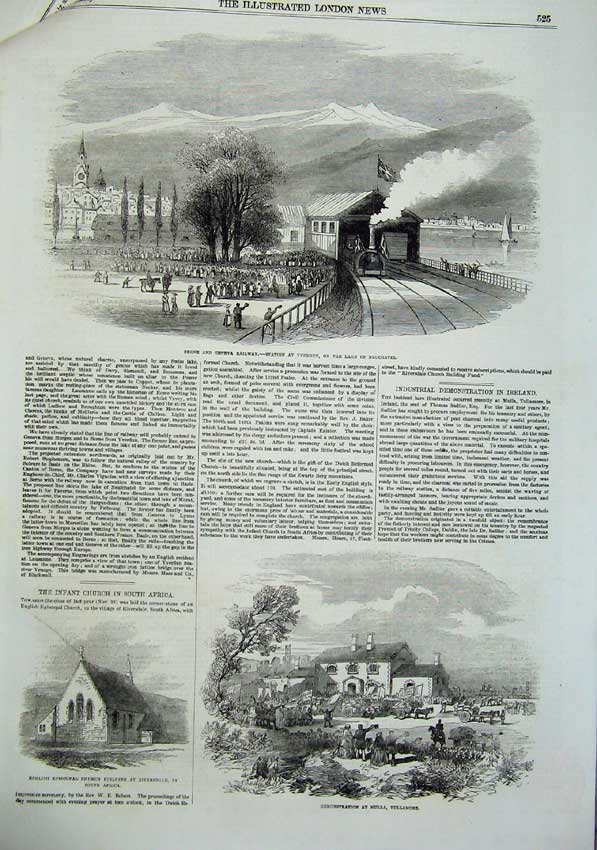 Antique Print *0183 1855Geneva Railway Lausanne Church Viaduct River Train