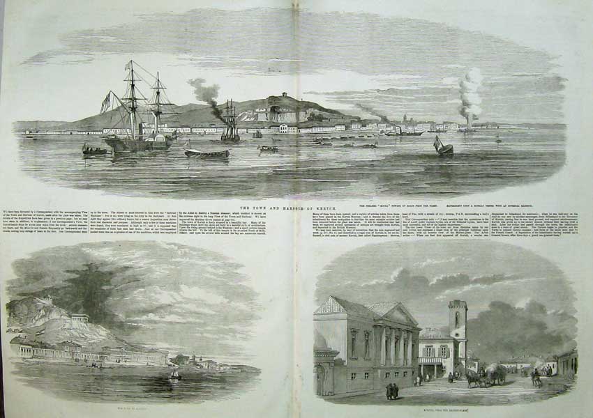 Old Antique Print 1855 View Town Harbour Kertch Ship Minna Market Place 19th