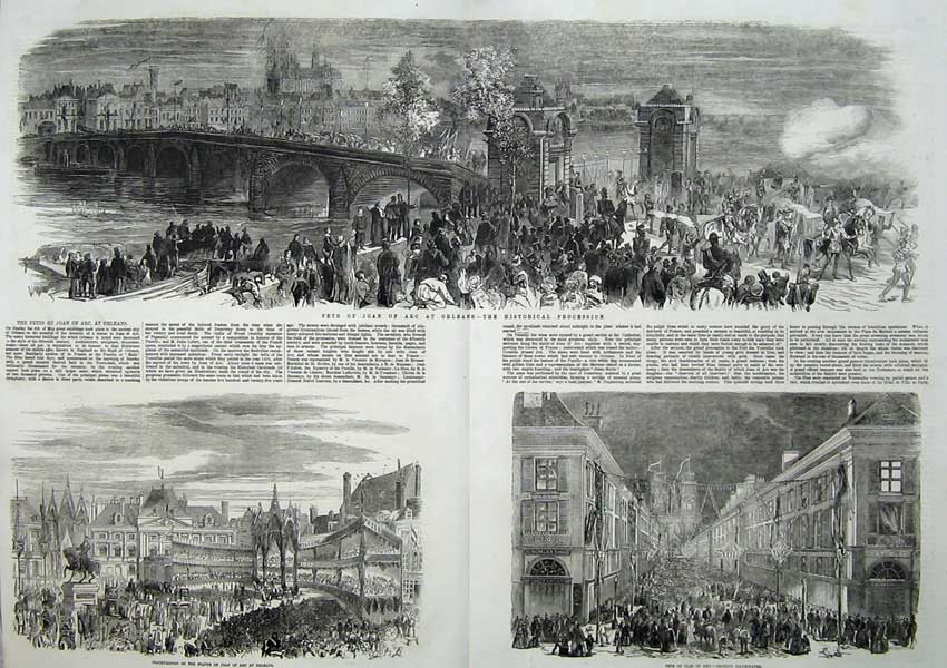 Old Antique Print 1855 Fete Joan Arc Orleans Inauguration Statue Bridge 19th